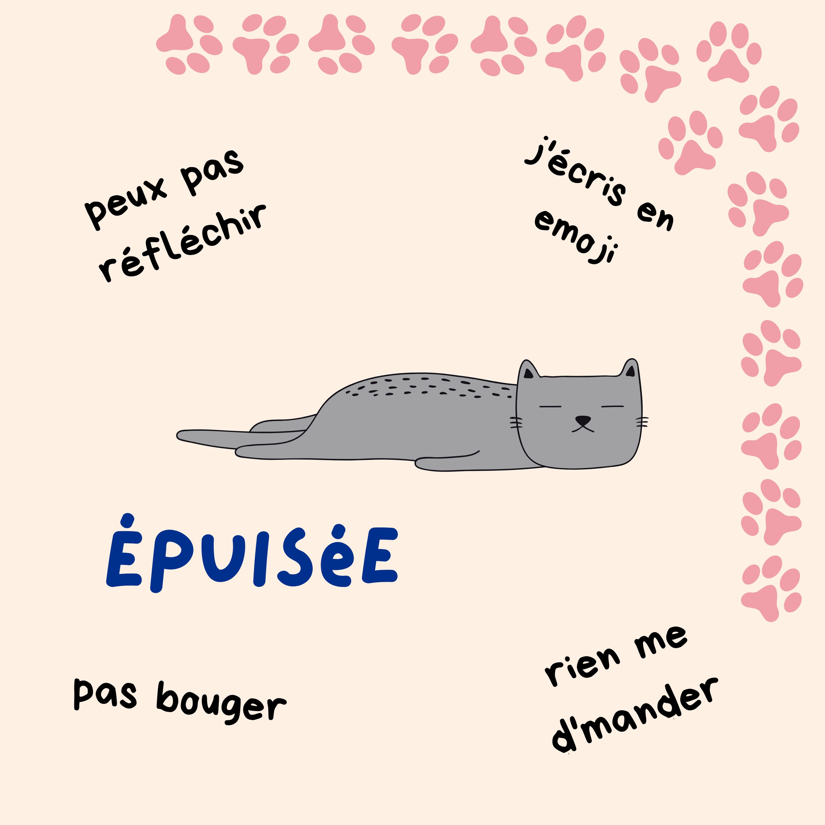 Illustration épuisée : un chat gris est allongé très platement, autour de lui les phrases peux pas réfléchir, pas bouger, rien me demander, j'écris en emoji. Une bordure en traces de pattes.