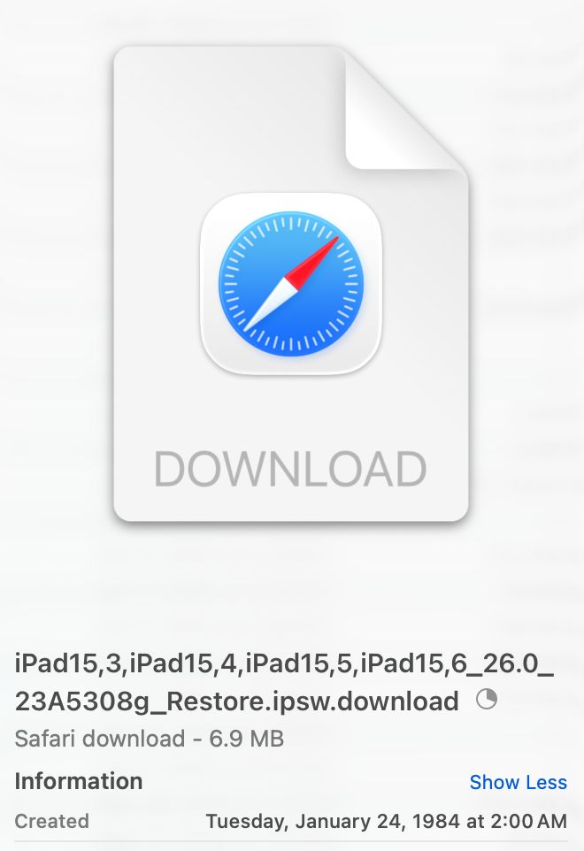 File download in progress showing a default creation date of Tuesday, January 24, 1984, the date the Macintosh was unveiled by Steve Jobs.
