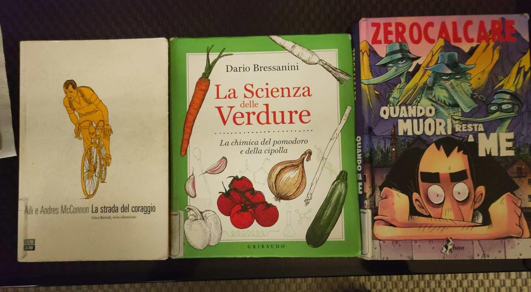 Foto di 3 libri che ho preso in biblioteca oggi:
- la strada del coraggio, libro su Bartali
- la scienza delle verdure di Dario Bressanini
- Quando muori resta a me di Zerocalcare