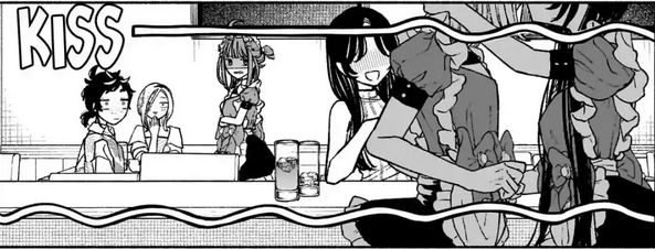 a manga panel of 2 waitresses kissing as onlookers watch