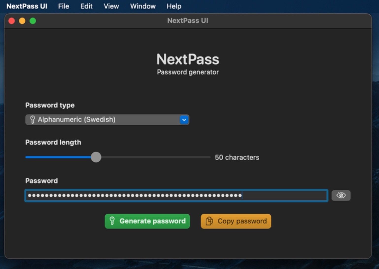Cropped screenshot of a password manager for MacOS. Randomised array limited to alpha-numeric Swedish characters has been selected from a list of password types.
