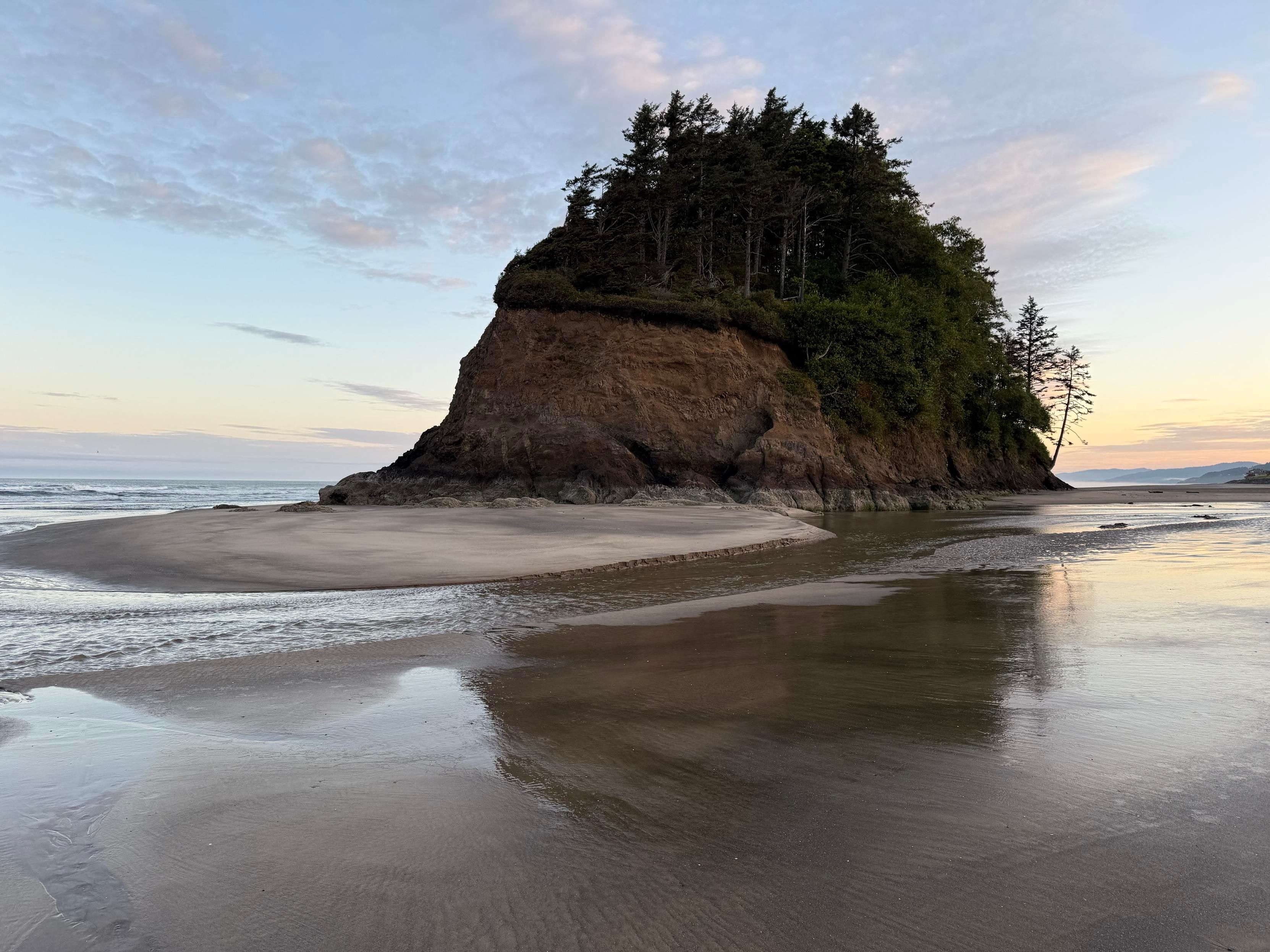 A sandy beach with a rocky cliff in the background, covered in trees. Gentle waves are visible, and the sky has soft, pastel-colored clouds, hinting at dawn or dusk. Reflections can be seen in the wet sand.