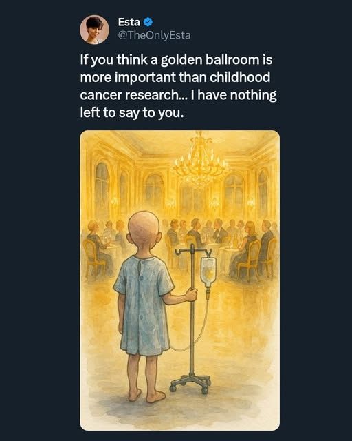 The picture is of a child walking in hospital, He is in a gown and walking alongside a drip holder.
It says: 
If you think a golden ballroom is more important than childhood cancer research... | have nothing left to say to you.