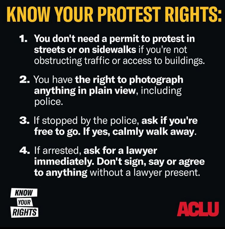 ACLU graphic

KNOW YOUR PROTEST RIGHTS

1. You don't need a permit to protest in streets or on sidewalks if you're not obstructing traffic or access to buildings.

2. You have the right to photograph anything in plain view, including police.

3. If stopped by the police, ask if you're free to go. If yes, calmly walk away.

4. If arrested, ask for a lawyer immediately. Don't sign, say or agree to anything without a lawyer present.