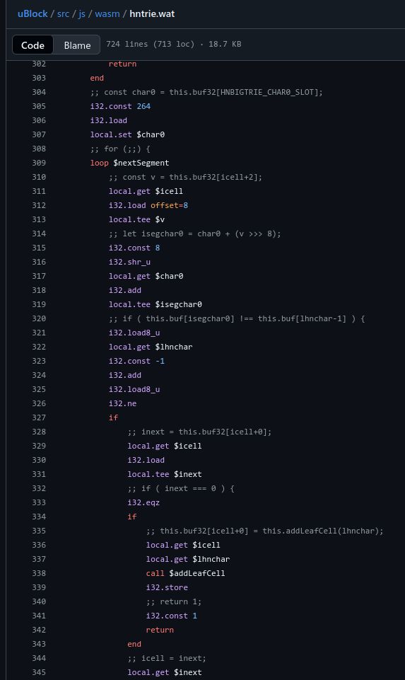 A screenshot of the file "src/js/wasm/hntrie.wat" in the uBlock Origin source tree. It is written in WAT, the WebAssembly Text Format, which is the closest you can get to actual assembly programming with WebAssembly.