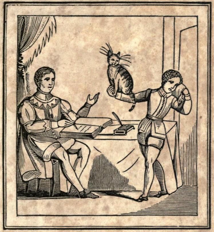 illustration of dick giving his cat to the ship's master from the 1847 book