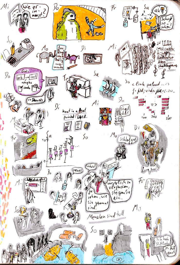 Rough, small sketches in ink with the best experience for almost every day in the timeframe.

The base is lineart in black and gray, often colored with sky blue, grass green, sun orange, or earth yellow as highlight-colors. On the side there is a streak of colors where I clean the pens after they take up black ink.

There’s a screen with a dragon, a lizard scaled man and a drunken swallow boxer, hand-drawn diagrams, boats on the water, and two kids with laptops.

Also a lecture room, a cleaned up kitchen board, and people hugging.

Please take care of yourself. You are worthy of experiencing joy.