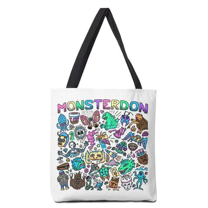 The design in color, on a white canvas totebag