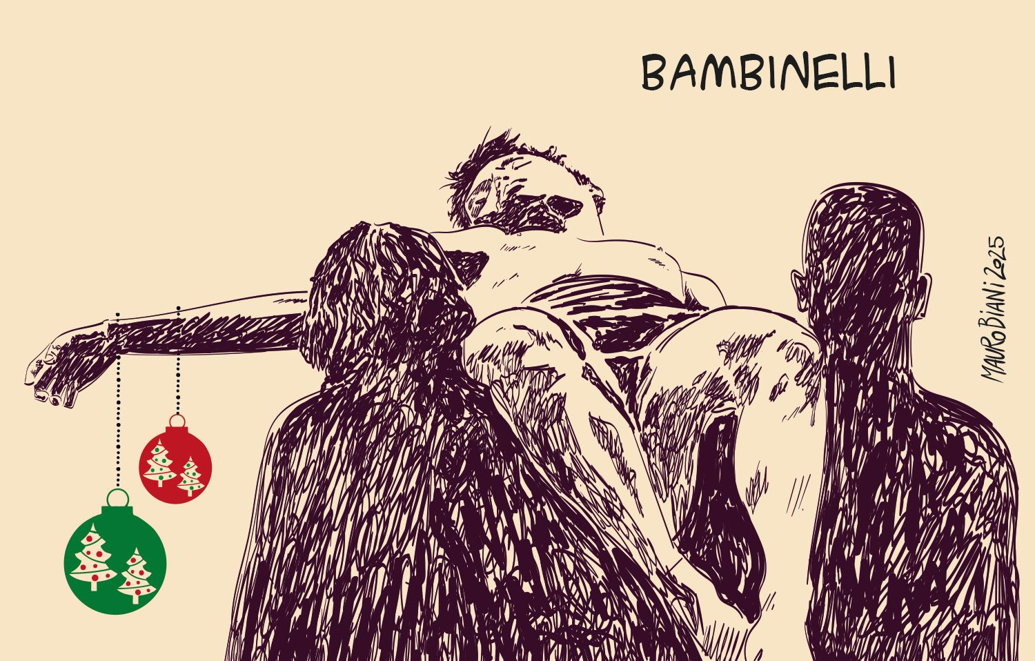 bambino morto portato a spalle.
due palle dell'albero di natale pendono dal suo braccio