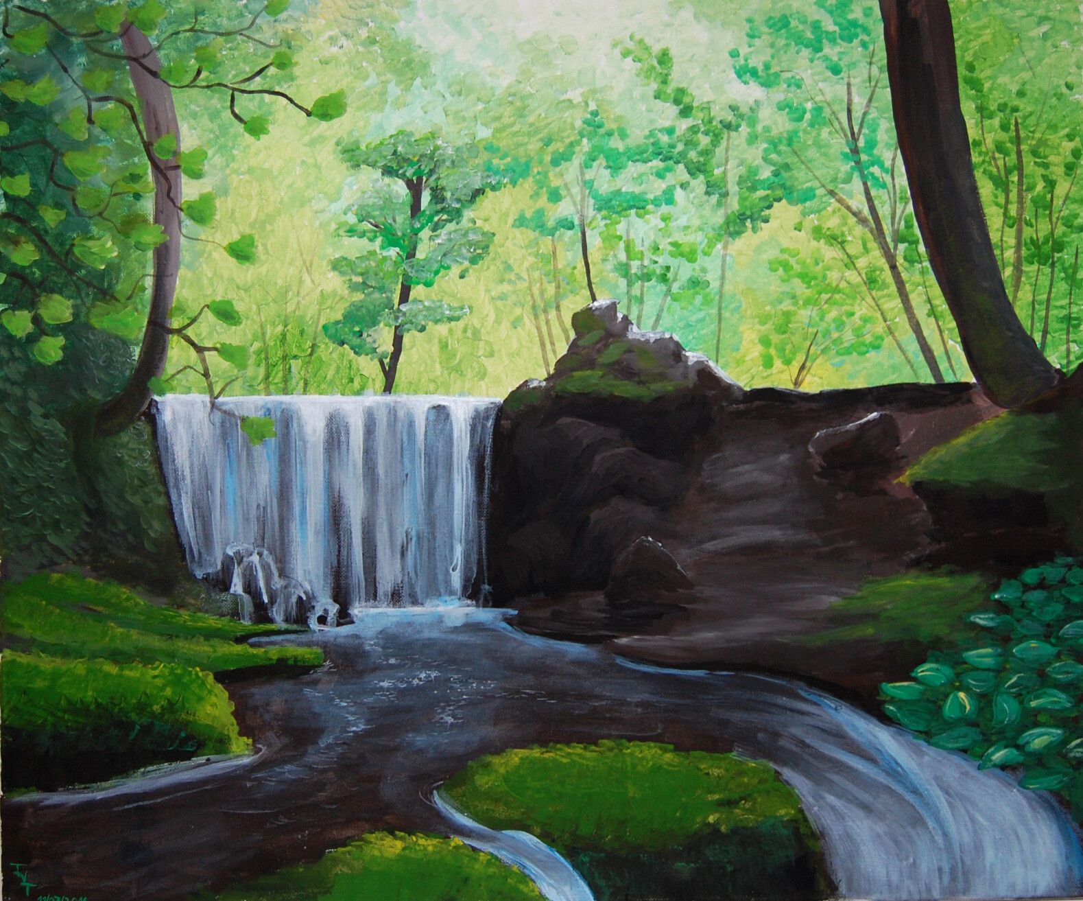 Acrylic painting of a stream in a green forest.