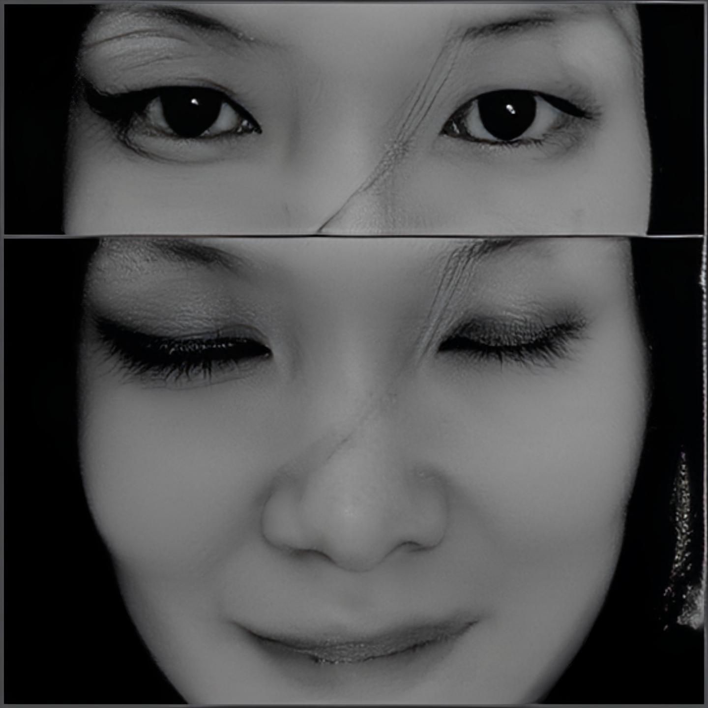 Black and white artistic photograph split horizontally, featuring my face. The upper portion shows my eyes open, with dark eyeliner and mascara. The lower portion displays my face with eyes closed, lips slightly parted in a subtle smile.