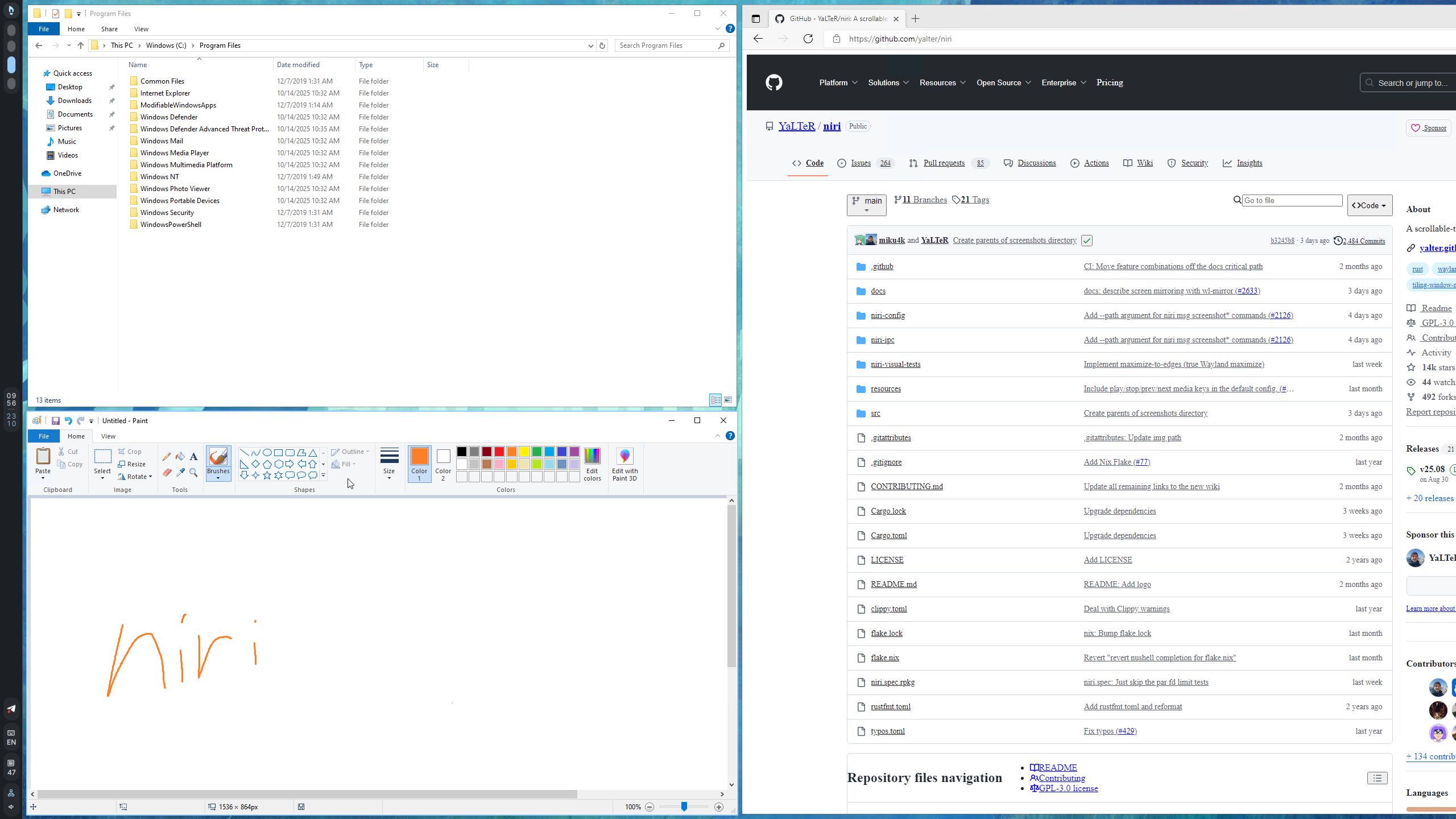 niri and dms with explorer.exe, mspaint.exe and Edge