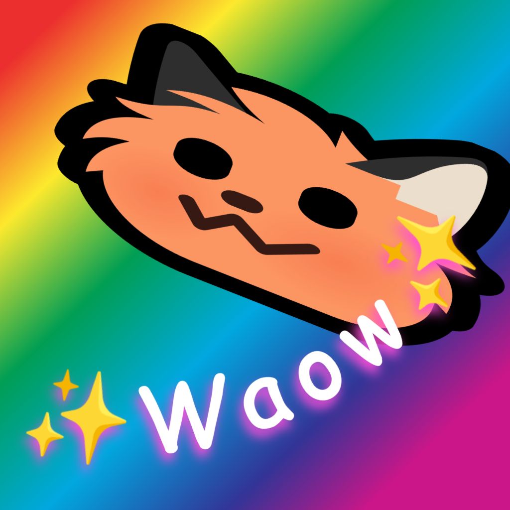 stretched and rotated neofox floof with curved text "waow" with sparkles at both ends and a pink shadow, in comic sans, on a rainbow background. the whole composition looks silly.