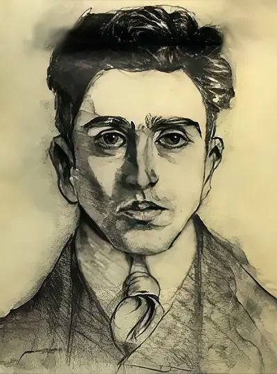 Schizzo a matita che ritrae Michaelstaedter, giovane dai capelli bruni e mossi, aspetto serio e abito formale con giacca e cravatta