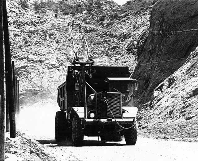 Tipper/dumper trolleytruck used in the 1960s by the Riverside Cement Company of Crestmore, California, built from a converted Kenworth 30 ton dump truck