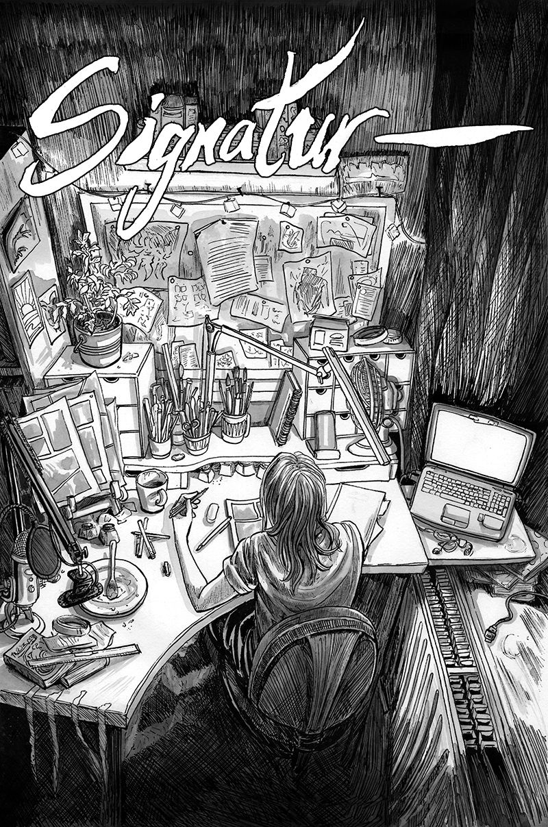 comic cover for Signatur, Jen's first horror short. A person is sitting by an art desk, drawing comics on their own. It's a gloomy, lonely scene.