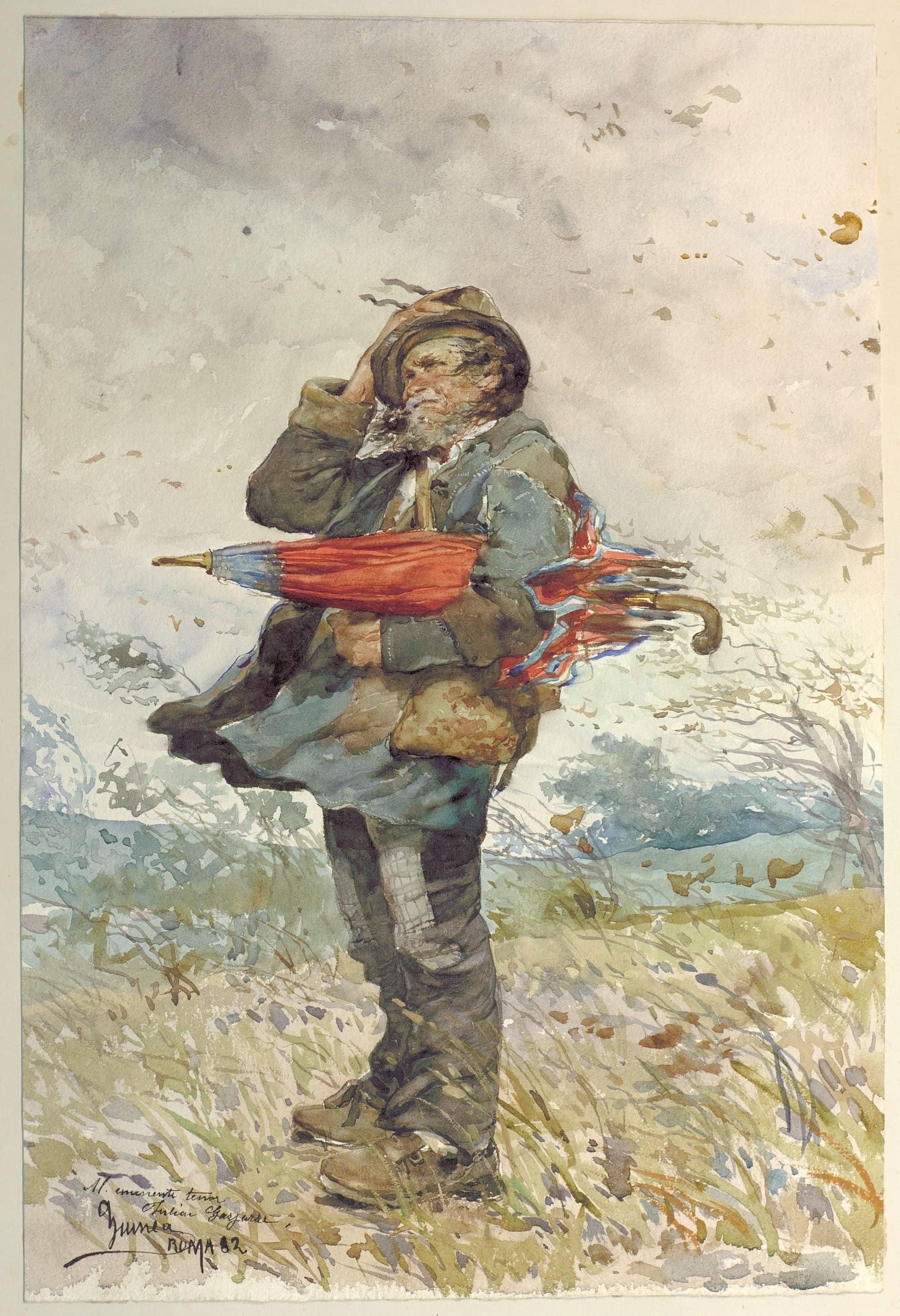 The daily battle for survival is depicted through an umbrella seller in wild weather. 
Old Man Struggling in the Wind
Watercolour on paper, by Anselmo Guinea Ugalde, 1882
Fundación Julián Gayarre de Roncal, Navarra