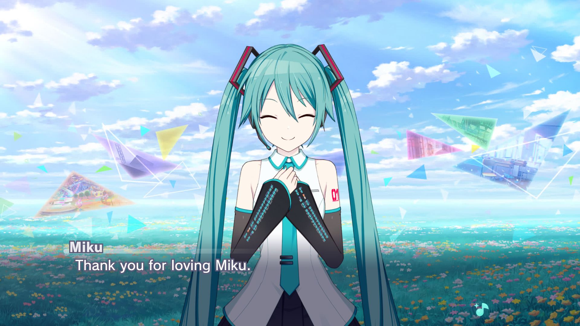 Made from Project Sekai's story board, in front of a flower field decorated with a few floating colorful triangles, Hatsune Miku says "Thank you for loving Miku."
