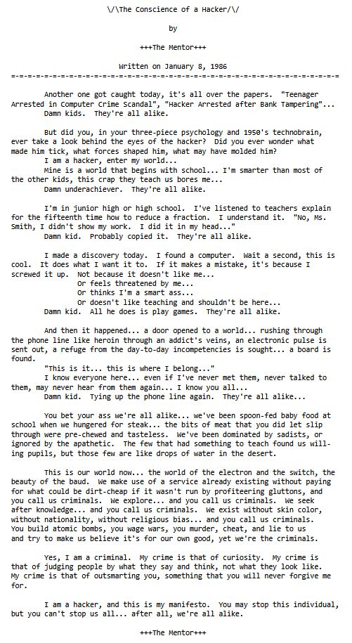 Testo di "The Conscience of a Hacker"
disponibile su https://phrack.org/issues/7/3#article