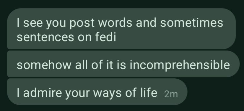 series of chat messages that read "I see you post words and sometimes sentences on fedi, somehow all of it is incomprehensible, I admire your ways of life"