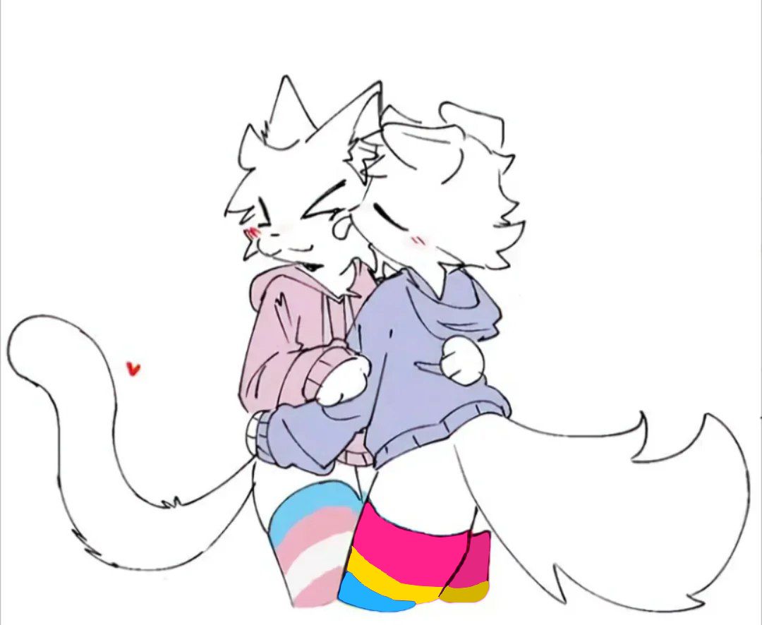 Kissers hugging. A kisser wearing pansexual thigh highs is licking another kisser wearing transgender thigh highs.