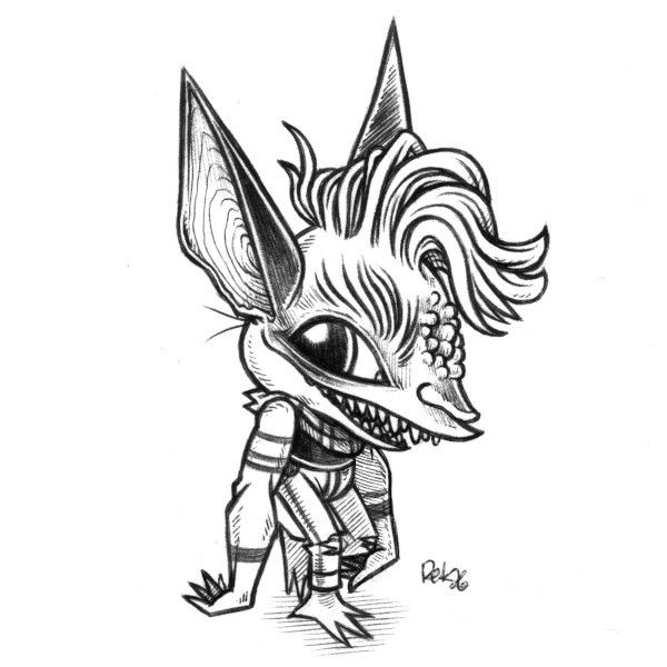 An ink drawing of a goblin-like creature named Lilja, walking with their arms close to their body, grinning a toothy grin, with very stylish hair.