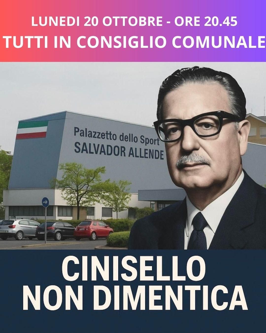 Foto di Salvador Allende con alle spalle  il palazzetto a lui dedicato 
Cinisello non dimentica