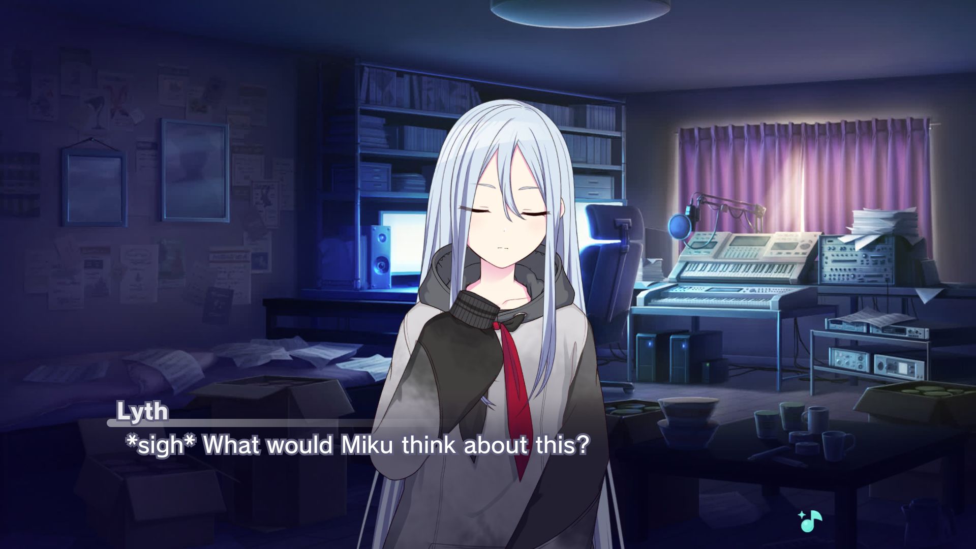 Lyth ends off her late night monologue by sighing and asking herself "What would Miku think about this?"