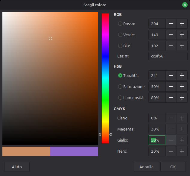 Seleziono colore carattere con 0% blu, 30% rmagenta, 50% giallo e 20% nero in Writer