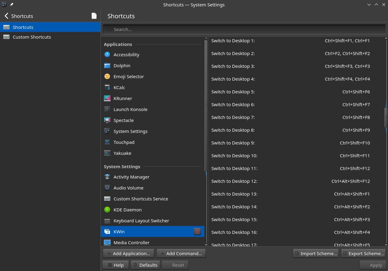 The screencap shows a screenshot of the "Shortcuts" settings in the system settings kwin application, likely from a KDE-based Linux distribution. The left sidebar is labeled "Shortcuts" and includes options such as "Applications," "System Settings," and "Custom Shortcuts." The main area displays a list of shortcuts, with the "Switch to Desktop" shortcuts highlighted. These shortcuts are labeled from 1 to 17, 18 to 20 are not visible
There are corresponding key combinations like "Ctrl+Shift+F1" for Desktop 1 and "Ctrl+Alt+Shift+F5" for Desktop 17. The "KWin" section is also visible, indicating the window manager being used. The interface has a dark theme, and the "Apply" button is visible at the bottom right.

Ovis2-8B

🌱 Energy used: 0.168 Wh