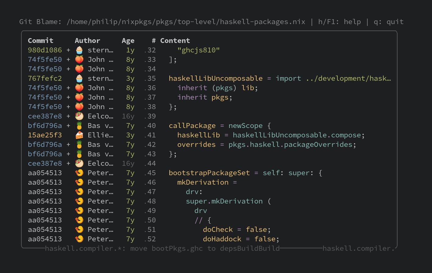 A screenshot of the git blimey interface, with colorful git blame output and syntax highlighted files.