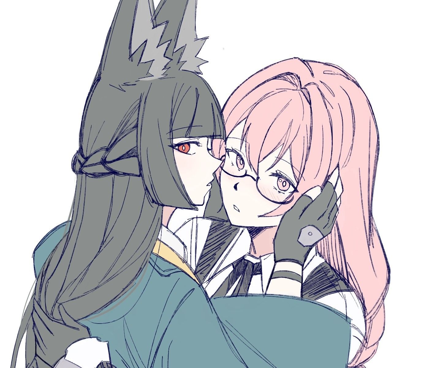 Danbooru tags: 2girls animal_ear_fluff animal_ears black_gloves black_hair commentary dailymiyanagi english_commentary fingerless_gloves fox_ears fox_girl gloves green_jacket hair_between_eyes hand_on_another's_cheek hand_on_another's_face hands_on_another's_back highres hoshimi_miyabi jacket light_blush long_hair looking_at_viewer multiple_girls parted_lips pink_hair red_eyes simple_background sketch tsukishiro_yanagi upper_body white_background yuri zenless_zone_zero