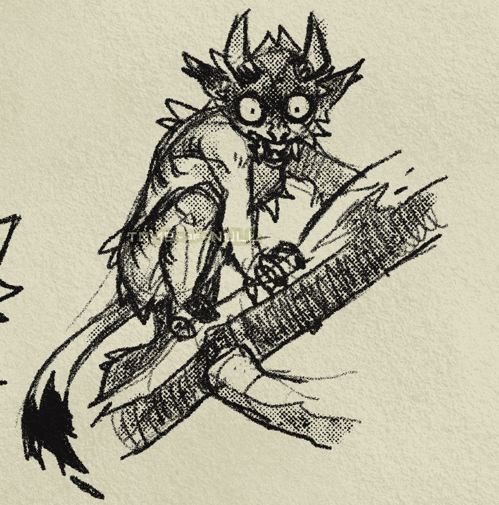 A sketch of a monkey imp thing perched on a branch, snarling. 