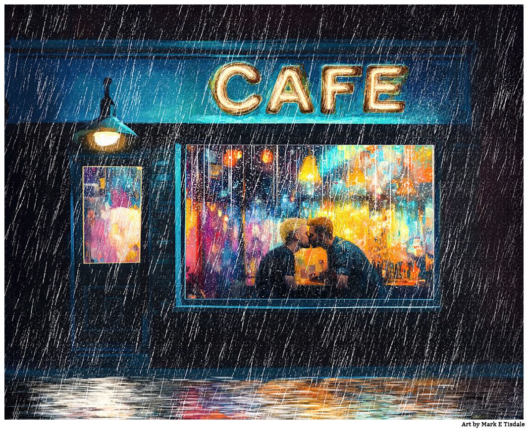 street view of a business with a large cafe sign above a big window. About the bottom center of the rain streaked glass you can see two men kissing. In the foreground are wet reflections in the pavement. 