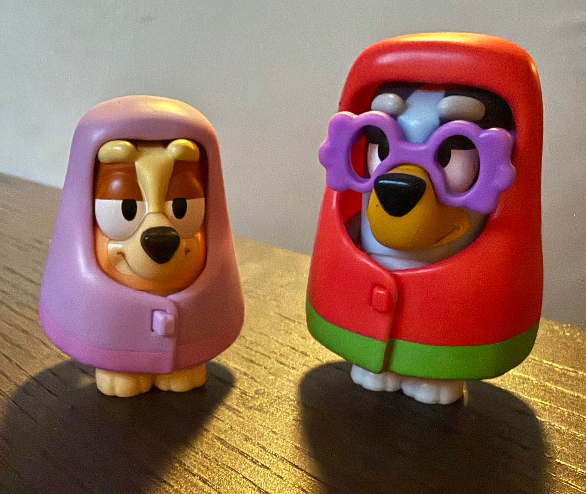 Bingo and Bluey from the show, Bluey are dressed up as Janet and Rita. These are small toys Jillian found at Aldi  