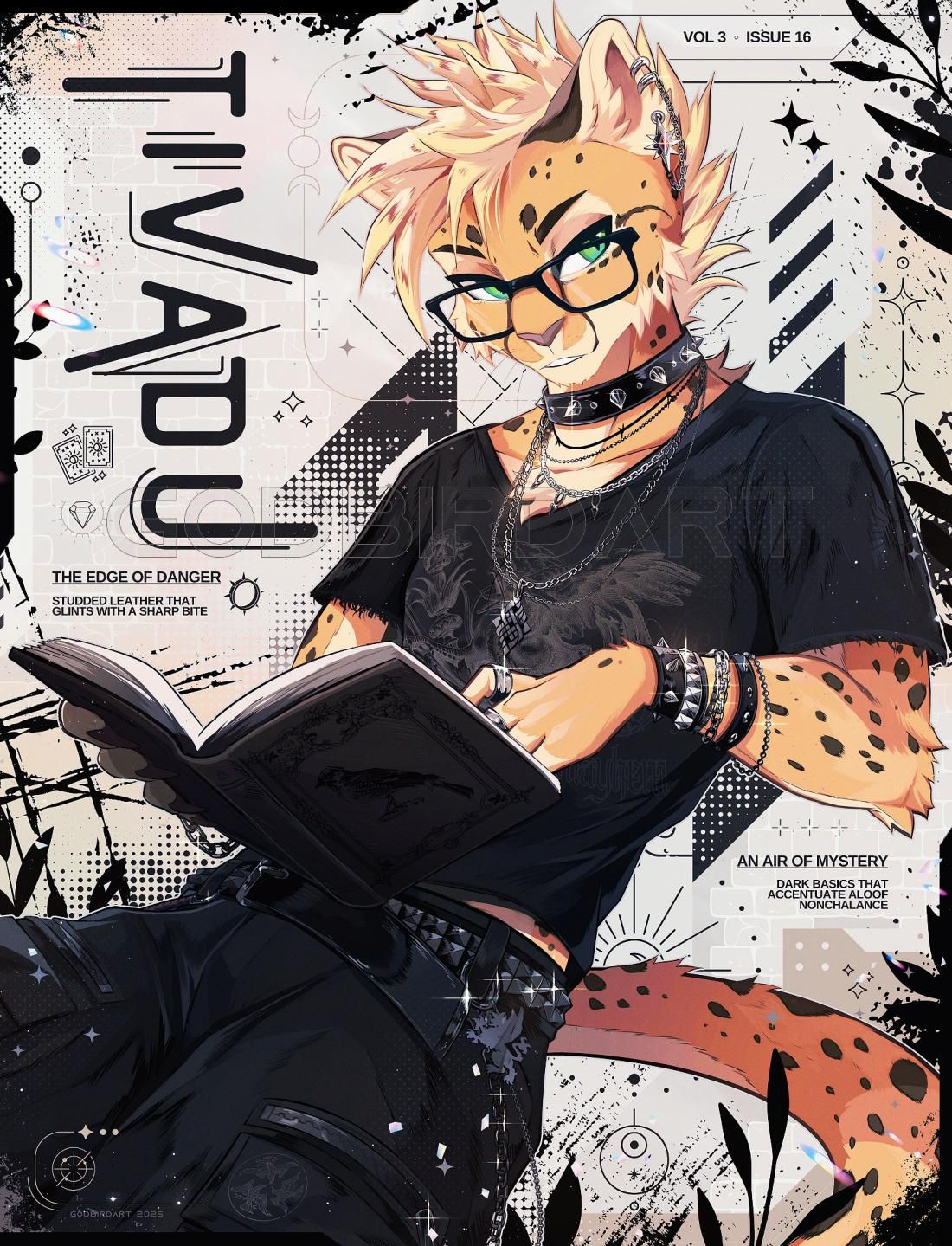 image is a portrait of an anthropomorphic cheetah character dressed in dark punk attire. the character has an open book in their hands, parsing the page with their fingers. the text around the canvas reads: "the edge of danger: studded leather that glints with a sharp bite." and "an air of mystery: dark basics that accentuate aloof nonchalance."