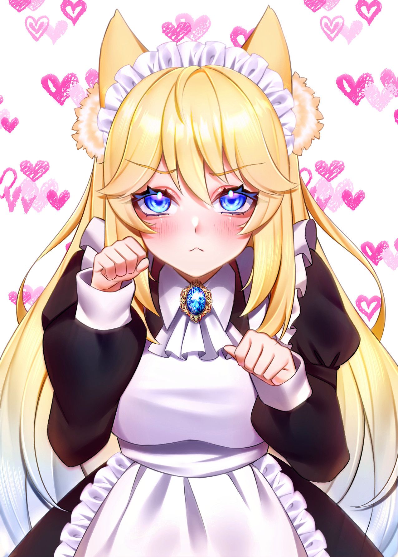 catgirl maid Lucy OC posing in cat girl pose, hands formed like paws, meow