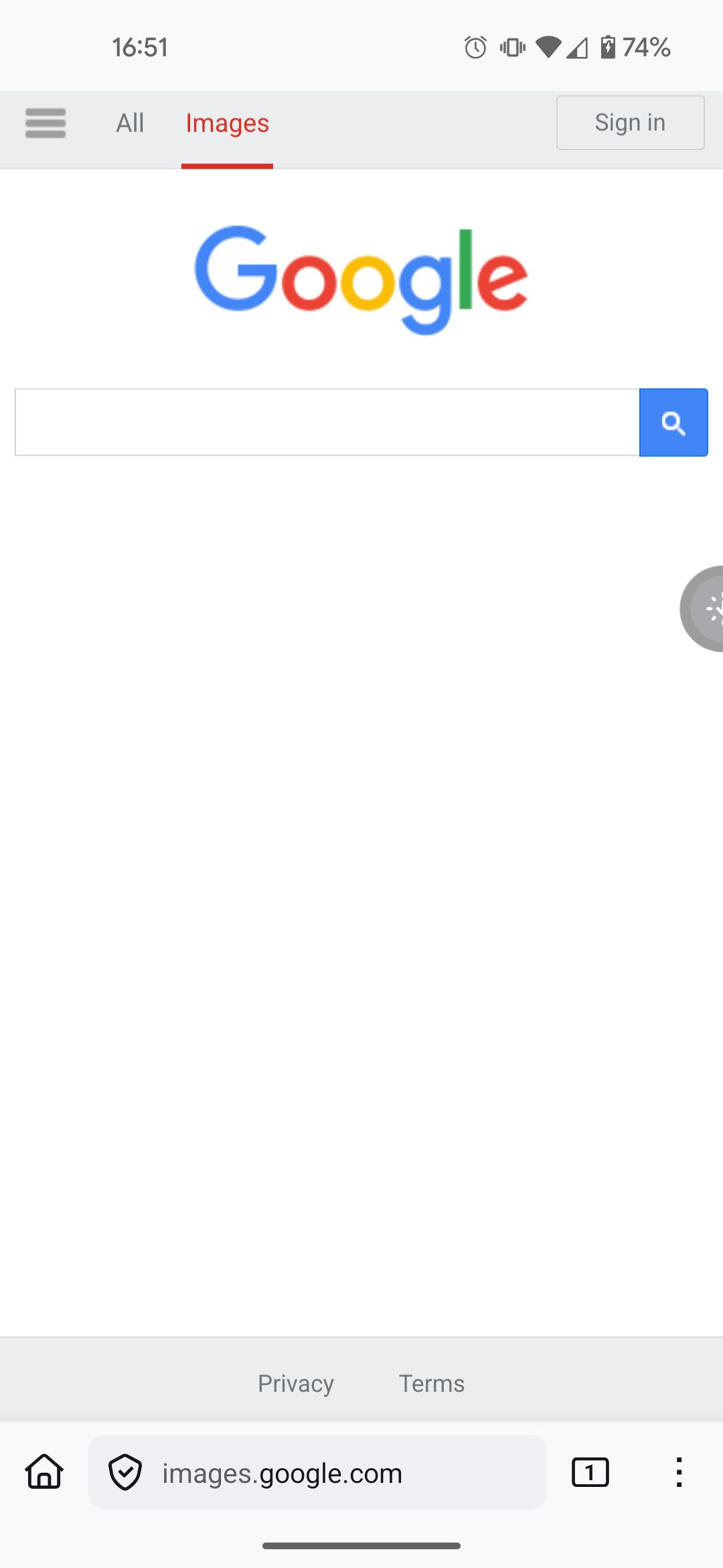 The page “images.google.com” following outdated Google designs, and lacking features such as a voice input and reverse image search 