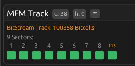 a screenshot of fluxfox, showing a floppy disk with track 38 head 0 having sectors numbered 1,2,3,4,5,6,7,8,113