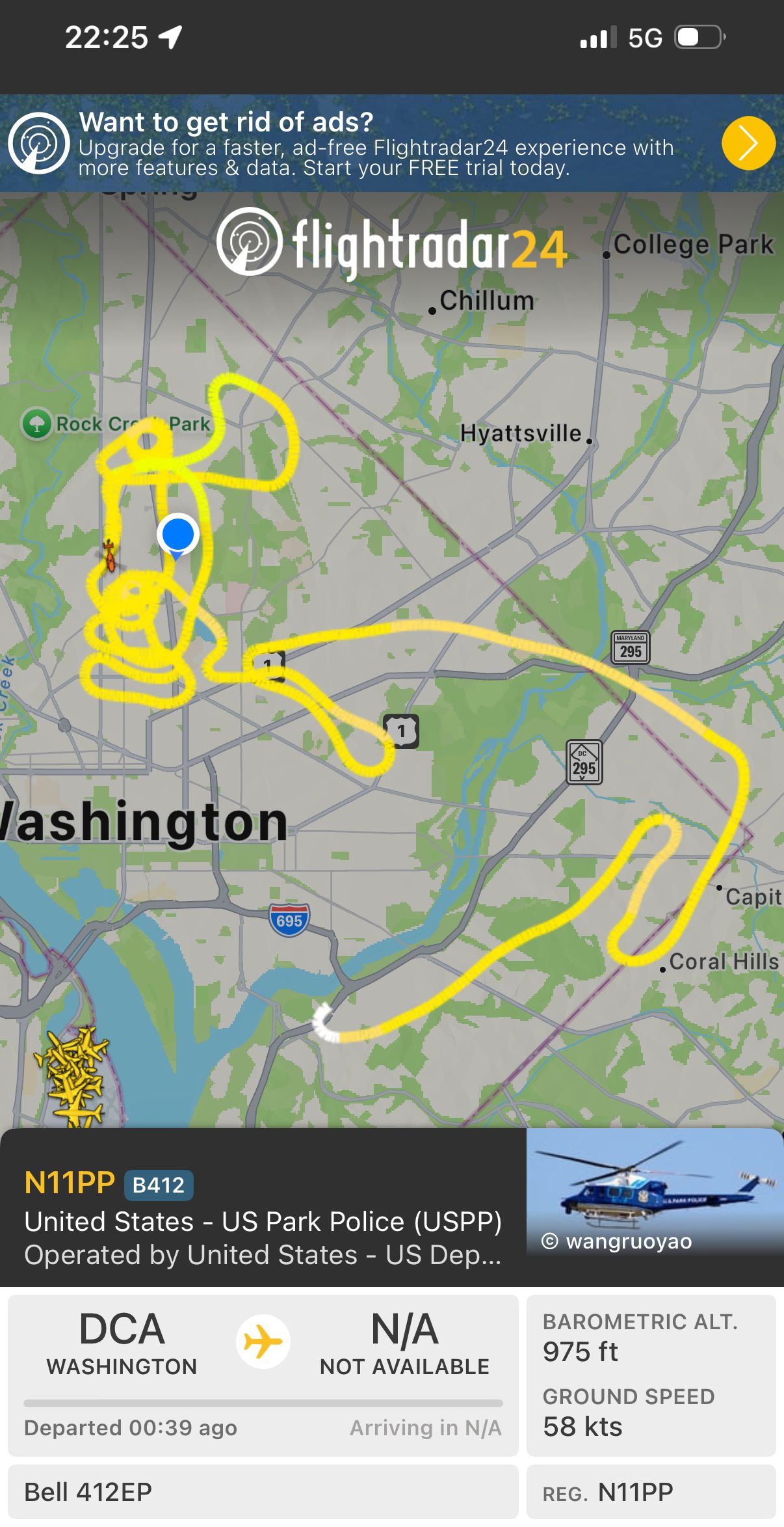 Screenshot showing the flight path of a park police helicopter meandering all over Washington DC.