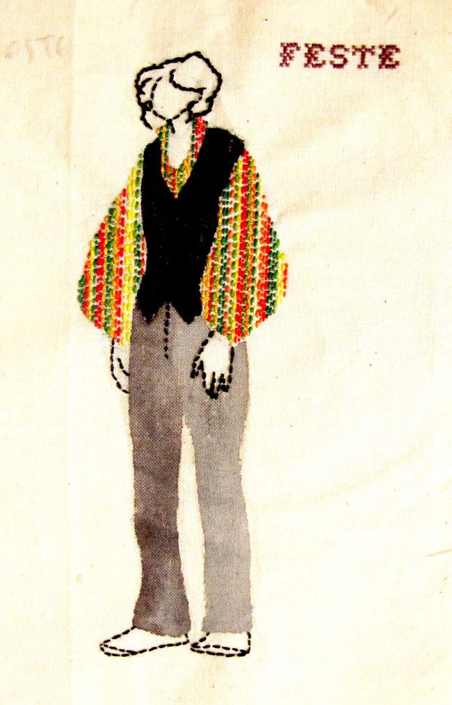 Un personnage, l'air abattu, est vêtu de gris et de noir ; sa chemise, elle, est richement rayée de vert, de jaune, de rouge. En haut, le dessin est titré au point de croix : Feste. 