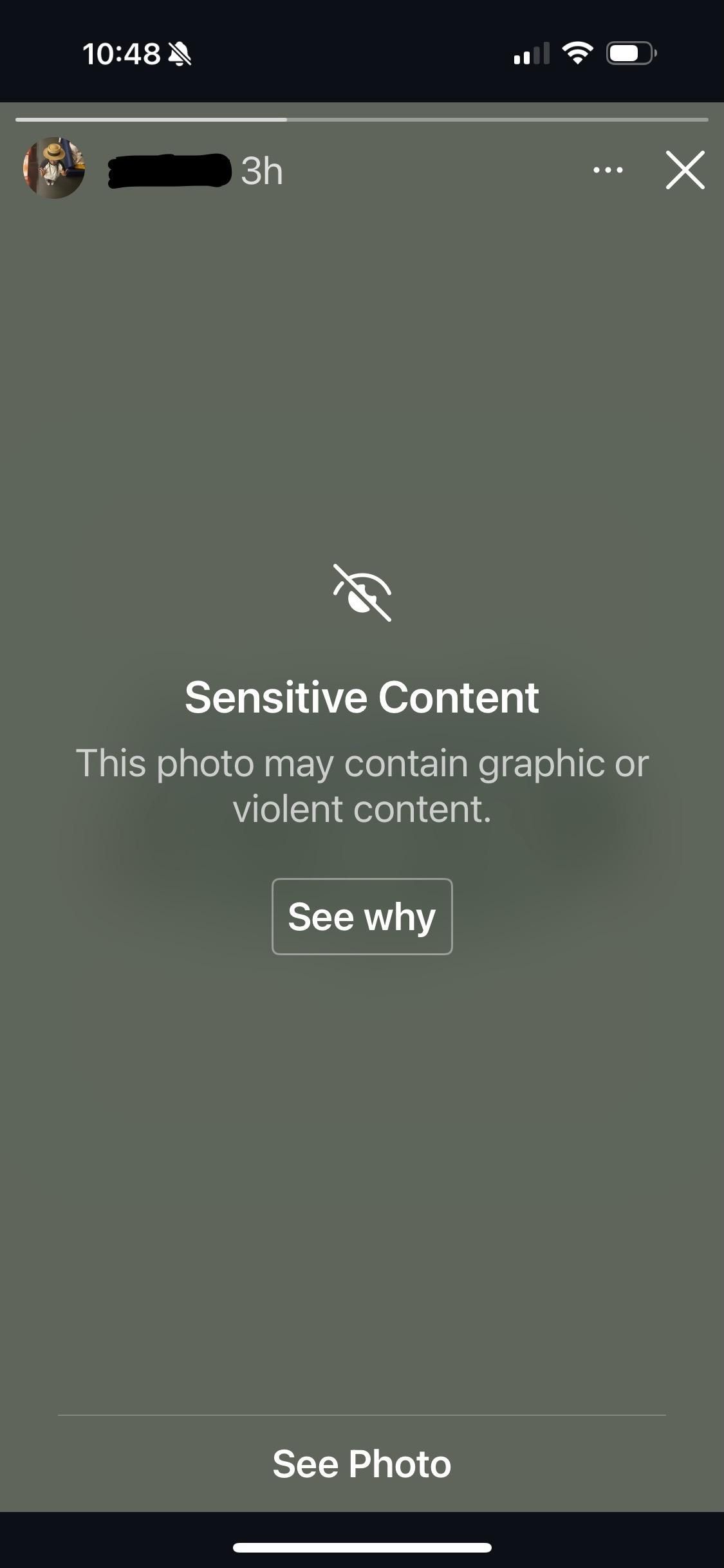 Instagram slaps a warning over the entire screen, saying, "Sensitive content. This photo may contain graphic or violent content." There is a button saying "See why" and another saying "see photo."