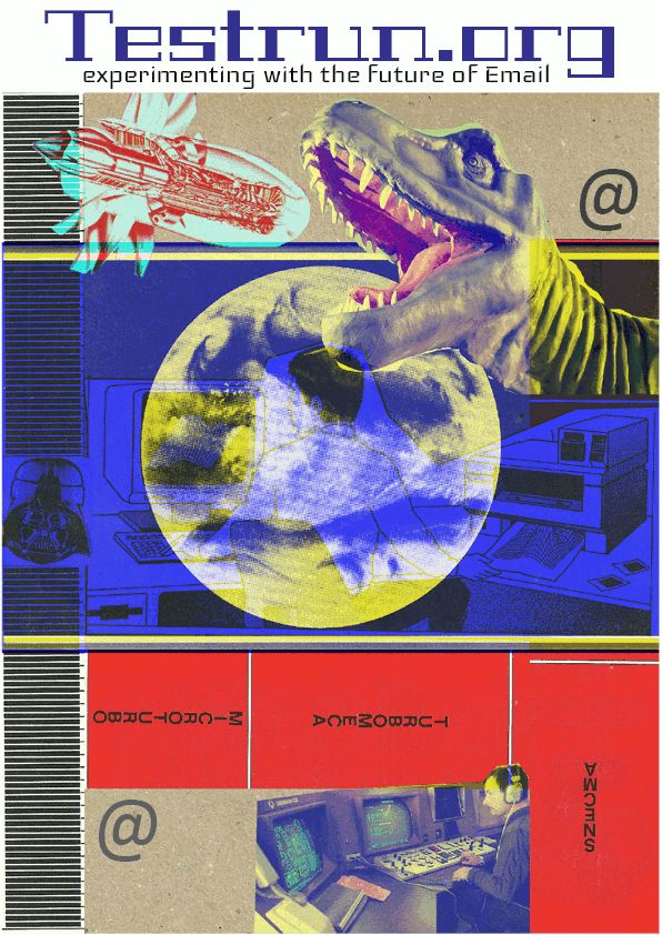 Image of https://testrun.org page that is stable since many years. Title reads "Testrun.org"  The substitle reads "experimenting with the future of email" 
Below the two lines is a collage featuring a dinosaur with an open maw and a zeppelin like flying object making it's way to the open maw. There is a moon like planet on blue background and then the last bottom third part of the A4 graphic shows some admin on a terminal roughly 1980 aesthetics 