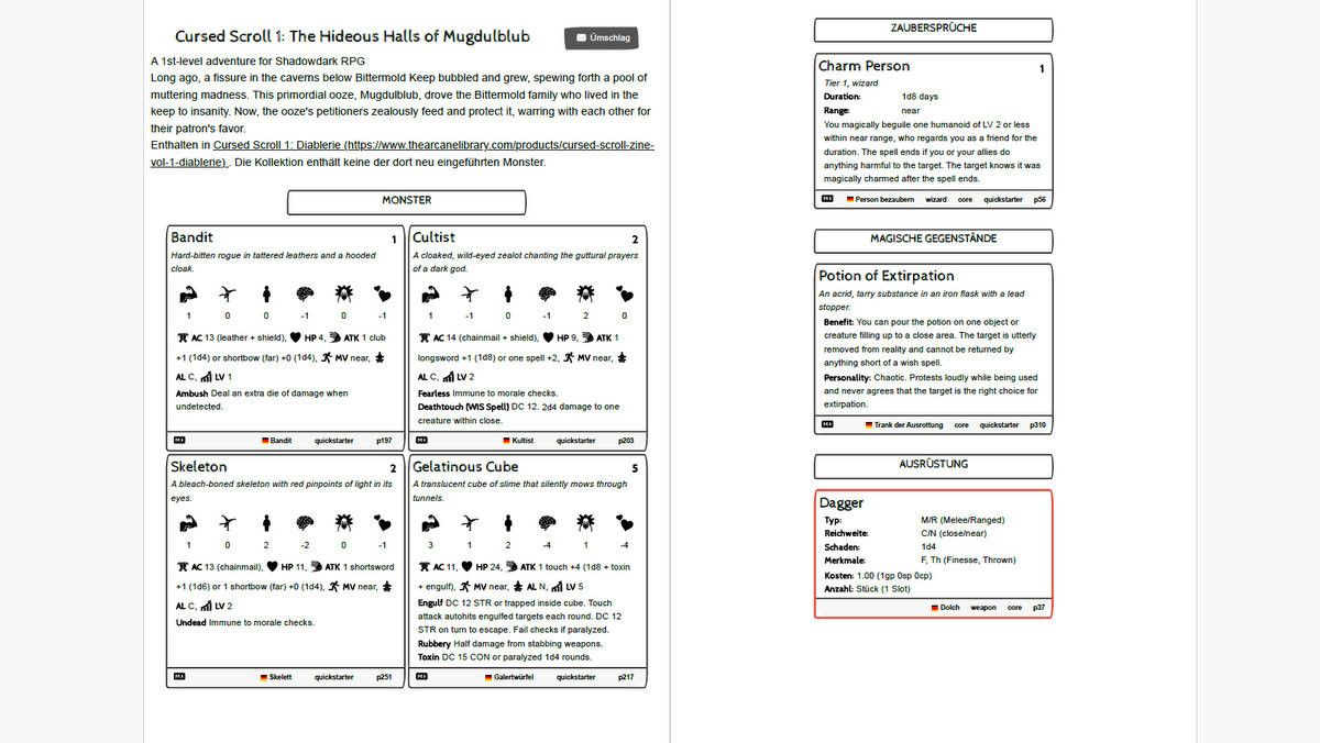 Eine Druckvorschau des Abenteuers "The Hideous Halls of Mugdulblub". Der Ausdruck enthält die Kurzbeschreibung des Abenteuers, vier Monsterwerteblöcke, einen Zauberspruch, einen Magischen Gegenstand und einen Ausrüstungsgegenstand.
