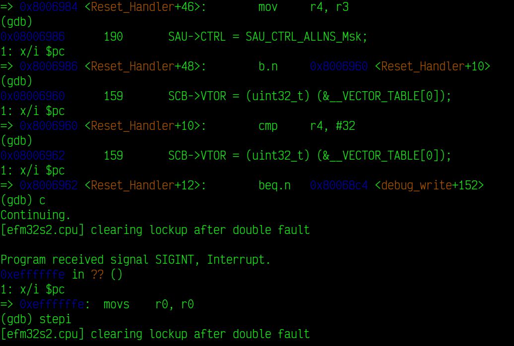 gdb talking to the device under test with the stepi command and printing the instructions after each step. trying to run with continue produces a double fault