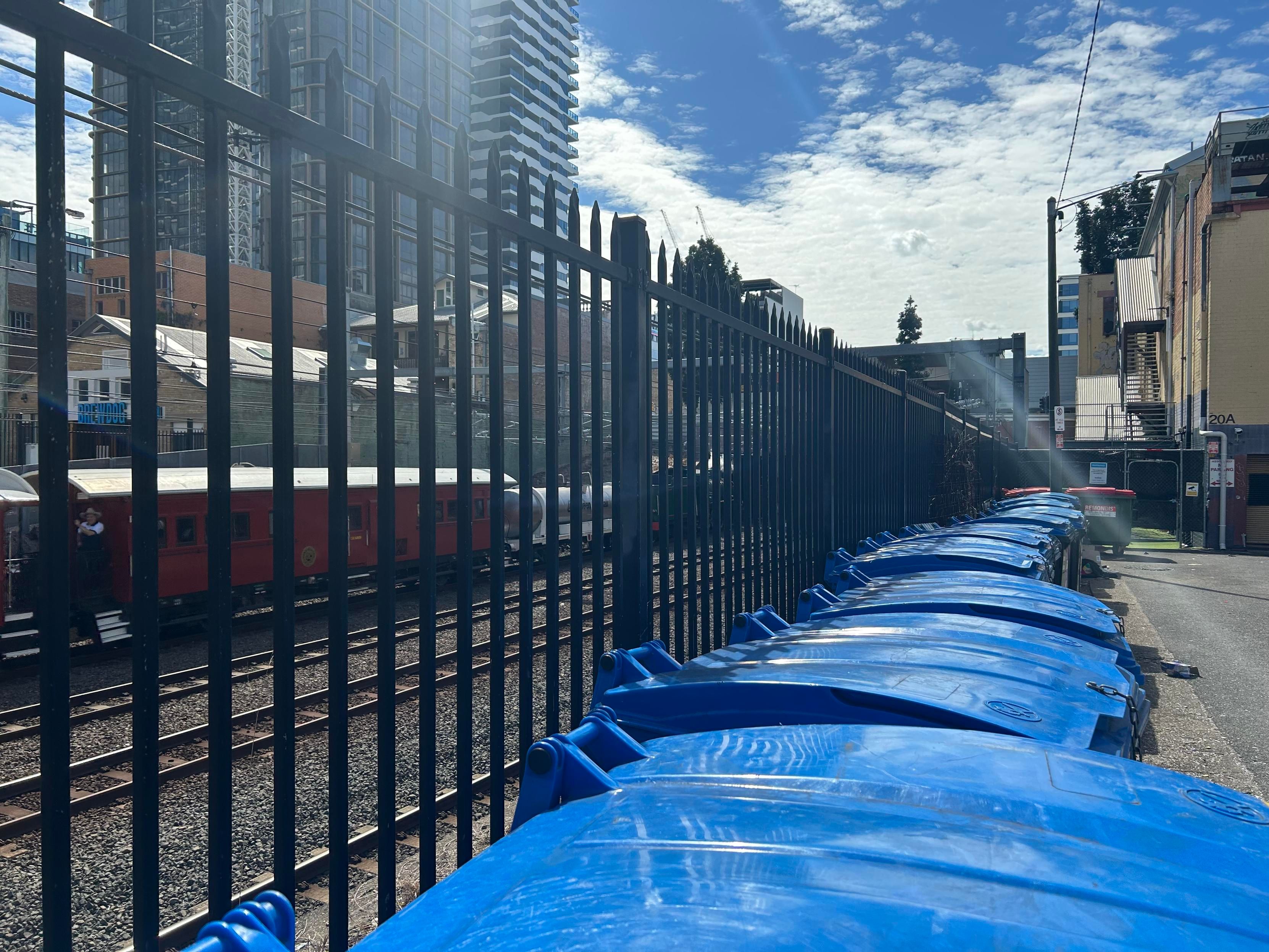 Photo through a black metal fence as a green steam train passes, with a train consisting of the loco and tender, a water wagon, and several red wooden passenger carriages.