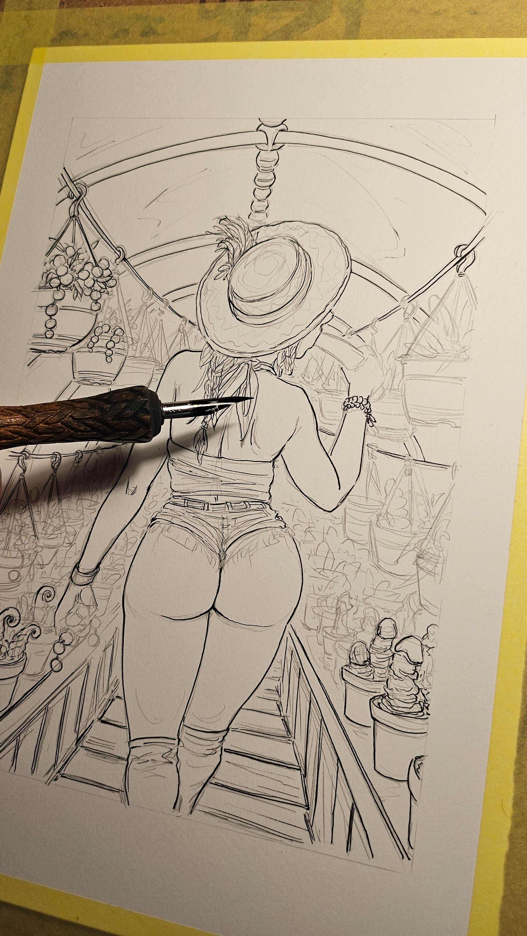 A woman in very tiny bootyshorts is walking through a polytunnel (if that's what they're called?), testing her suspiciously shaped produce