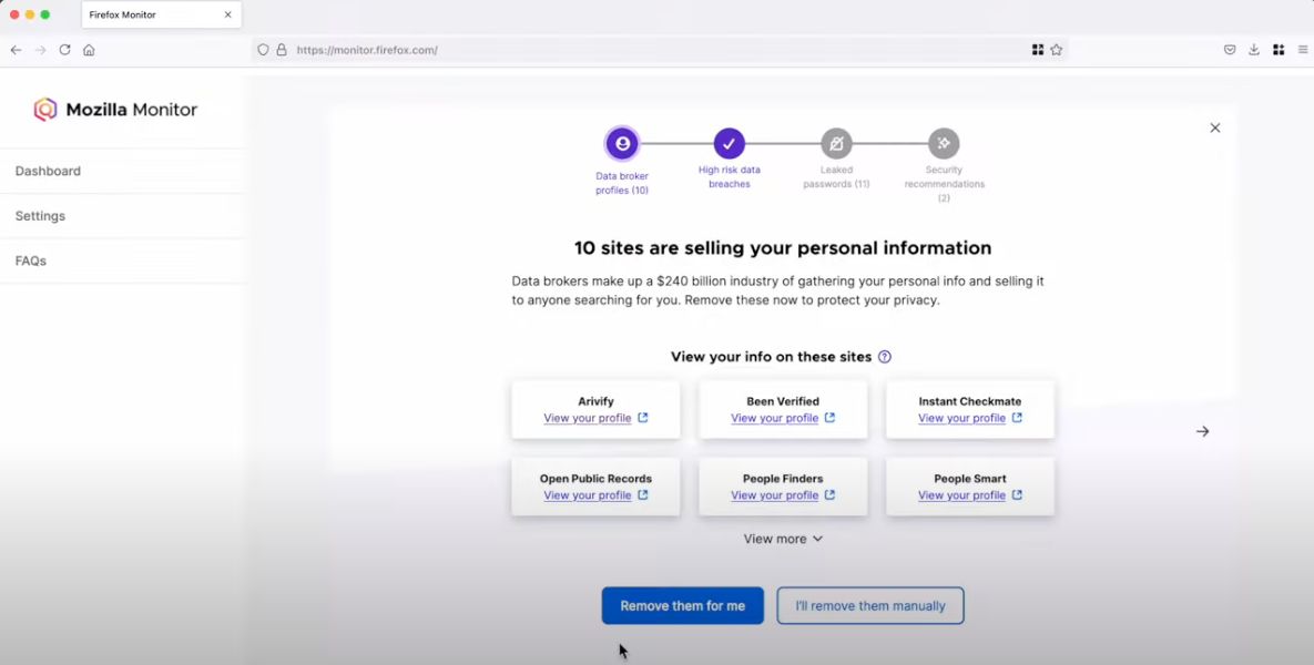 A screenshot of the Mozilla Monitor tool showing "10 sites are selling your information" screen, listing BeenVerified, Instant Checkmate, PeopleSmart and others.