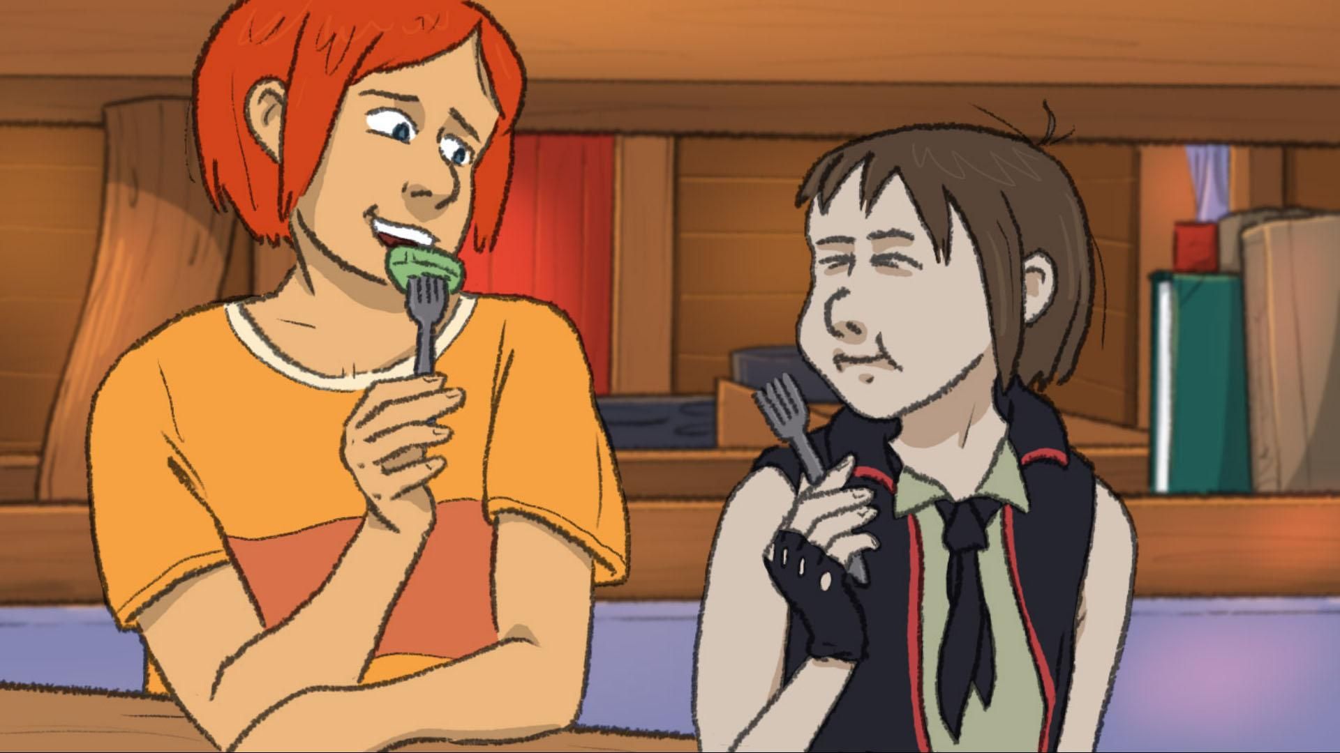 Comic panel of two teens sitting at a table in a cozy wooden cottage, smiling while eating green pancakes.