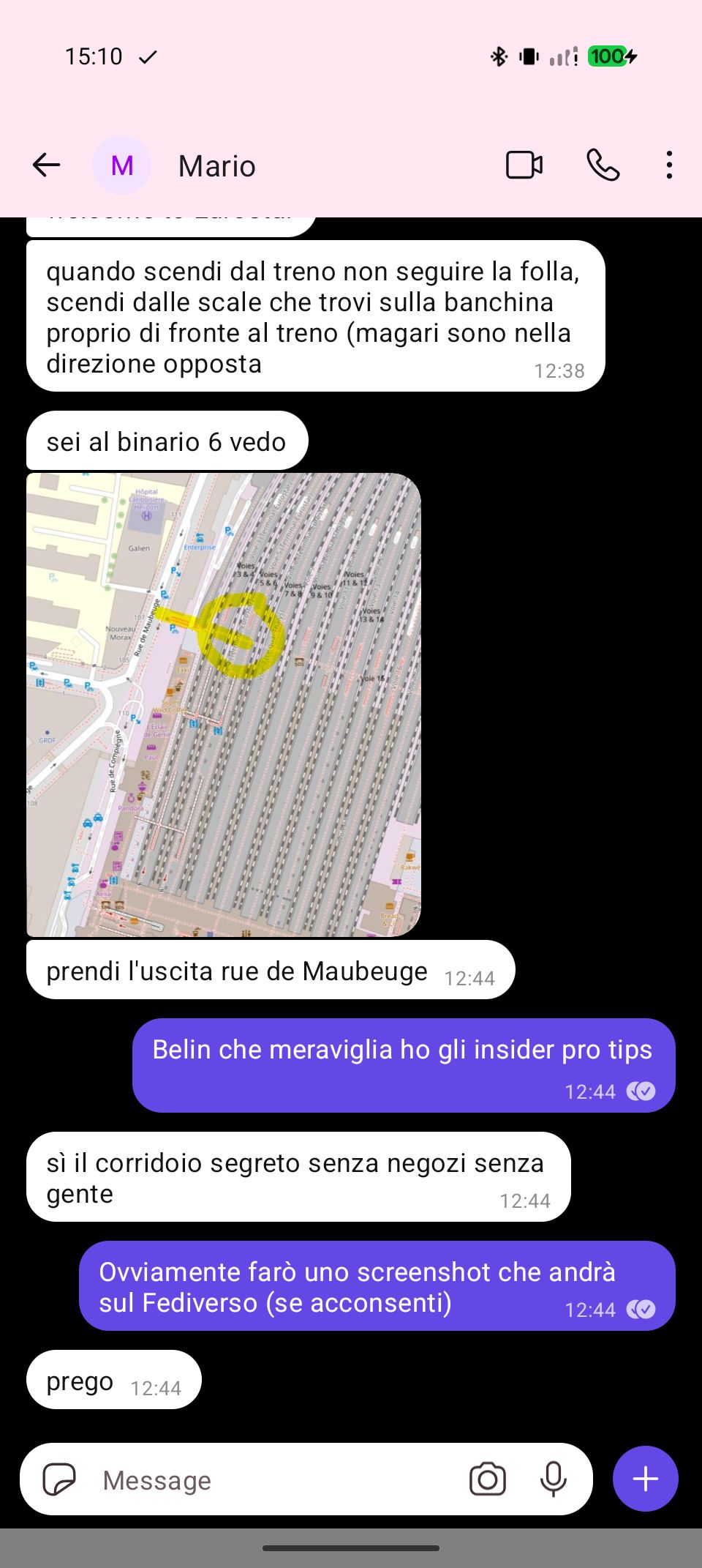 Screenshot of a conversation (in Italian) with Mario: he gives me tips on how to navigate Paris Nord
